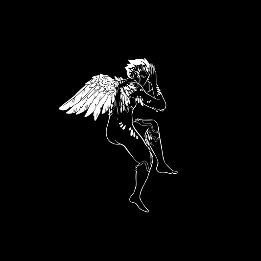 A winged figure with a smattering of half-formed feathers, in white on black linework